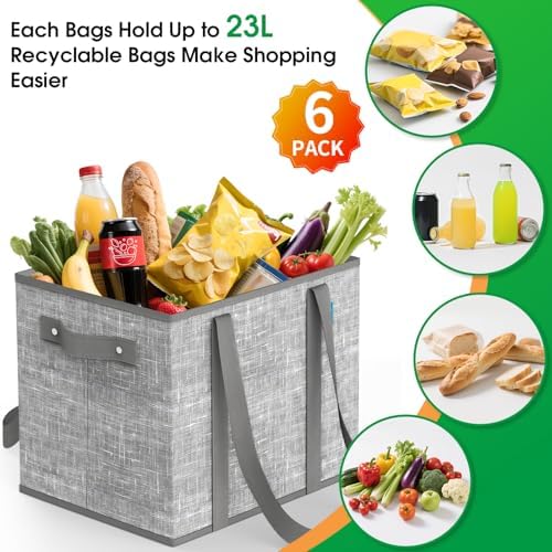 Fab totes Reusable Grocery Bags, Large Foldable Shopping Tote Bags with Reinforced Handles & Hard Bottom,6 Pack, Grey - Image 4