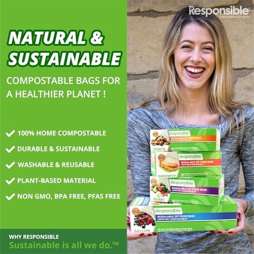 Responsible Products Certified Compostable QUART Resealable Zip Bag, Extra Strength Food Bags, Plant-Based Freezer-Safe (26 Pack) - Image 5