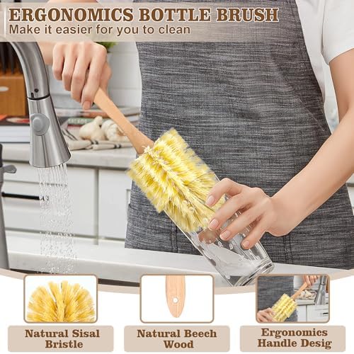 Bottle Brush Set - 6 Pack Sisal Bristle Natural Bottle Brush, All in One Bottle and Straw Brush Cleaning Set for Water Bottles, Glasses, Cups and Lid - Image 3