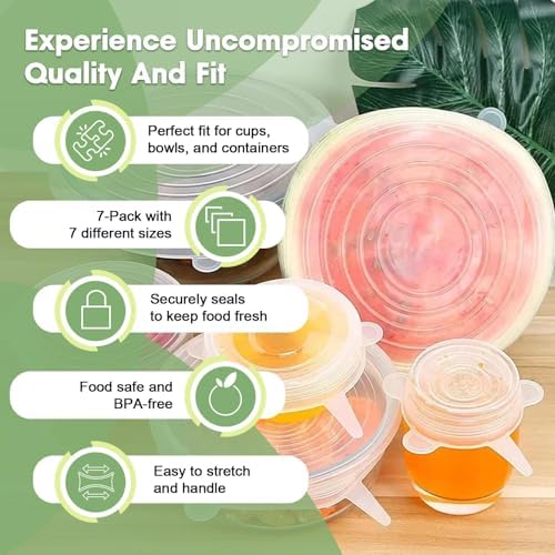 Reusable Silicone Stretch Lids for Food Storage – Elastic Bowl Covers Fit Round & Rectangle Containers, Jars, Cups – Heat-Resistant, Dishwasher Safe, Premium Kitchen Gadgets (7-Piece Set) - Image 4