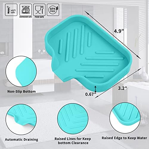 MicoYang Silicone Soap Dish with Drain Spout, Self-Draining Sink Organizer Tray for Bathroom and Kitchen, Sponges, Dispensers and Soap Holder, Non-Slip and Dishwasher Safe, Mint (Compact, 4.9"×3.2") - Image 2