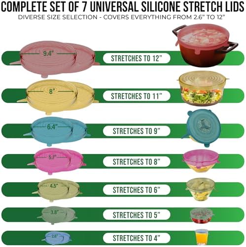 Reusable Silicone Stretch Lids for Food Storage in Fridge - Elastic Heat-Resistant Bowl Covers, Cups, Cans, Jars - Universal Food Grade Lid for Round and Rectangle Containers - 7 Pack - Multicolor - Image 2