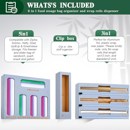 Calmbee 9 in 1 Bamboo Storage Bag Organizer for Kitchen Drawer – Plastic Wrap Dispenser with Cutter & Foil Organizer, Wooden Baggie Organizer for Sandwich, Snack, Gallon, Quart Sizes, Grey - Image 3