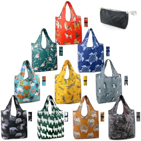 BeeGreen Animal Reusable Shopping Bags Grocery Bag 10 Packs with Zipper Carry Pouch Cute Shopper Extra Large Machine Washable Durable Gifts for Animal Lovers by BeeGreen