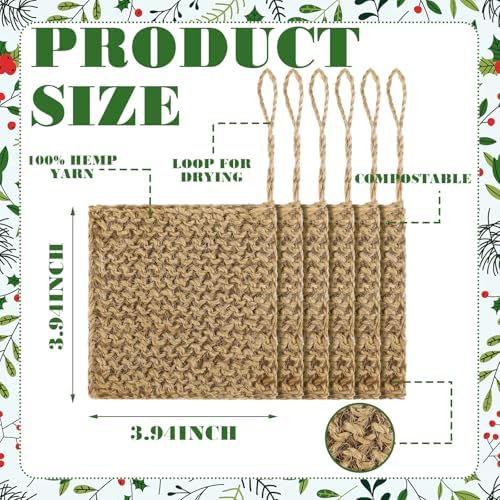 Sliner 6 Pack Natural Hemp Dish Sponges, 4x4 Biodegradable Scrubber - Image 2