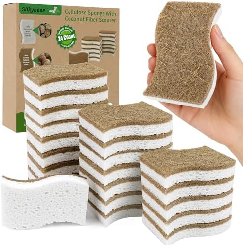 Silkyhose 24 Pack Natural Kitchen Sponges, Cellulose Coconut & Non-Scratch by Silkyhose