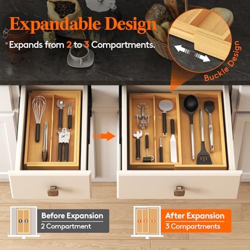 Lifewit Bamboo Utensil Organizer for Kitchen Drawer, Cooking Utensil Tray - Image 5