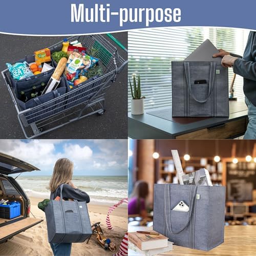 VENO 4 Pack Reusable Grocery Bags, Heavy-Duty Shopping Bags with Handles, Bags for Shopping Cart with Hard Bottom to Stand Upright, Foldable, Multi-Purpose(Gray, 4 Pack) - Image 2