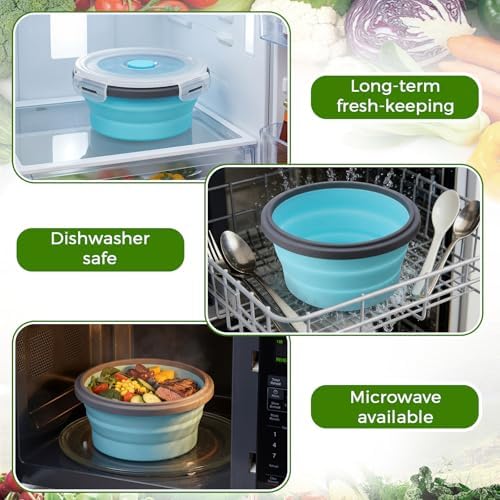 Domensi 12 Pcs Collapsible Bowls with Lids Silicone Camping Food Storage Container Foldable Expandable Folding Salad Lunch Box Leakproof Travel Container for Back to School Hiking Camping, Blue - Image 3
