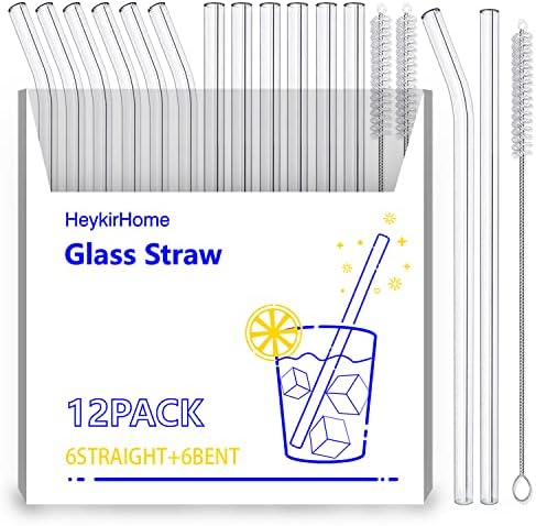 HeykirHome 12-Pack Reusable Glass Straw,Size 8.5''x10 MM,Including 6 Straight and 6 Bent with 2 Cleaning Brush- Perfect For Smoothies, Tea, Juice by HeykirHomeGlassStraw