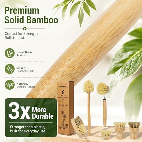 DEBETOOL 6-Piece Bamboo Dish Brush Set with Vegetable Brush - Image 3