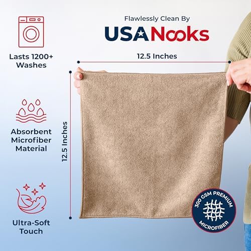 USANOOKS Microfiber Cleaning Cloth - Beige - 24Pcs (12.5x12.5 inch) High Performance - 1200 Washes, Ultra Absorbent Car Towel Traps Grime & Liquid for Streak-Free Mirror Shine - car Washing Cloth - Image 2