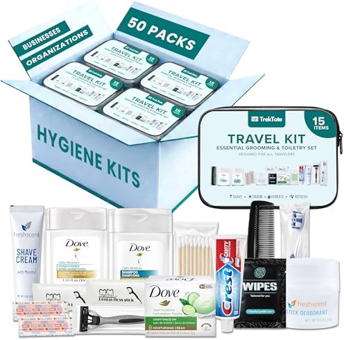 Complete 15 Piece Unisex Travel Hygiene Kit with Toiletries & Personal Care Essentials, TSA-Compliant, Individually Packaged in Clear Bag, Single or Bulk Packs (50 Pack) by TrekTote