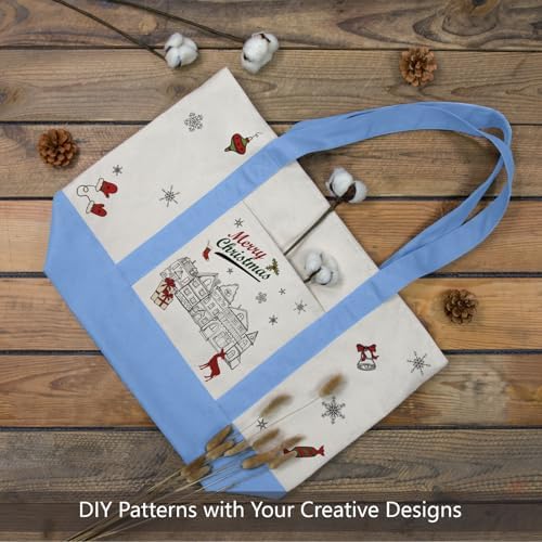 TOPDesign 1-Pack Canvas Tote Bag with an External Pocket, Reusable Grocery Shopping Bag, Top Zipper Closure, Daily Essentials (Light Blue/Natural) - Image 3