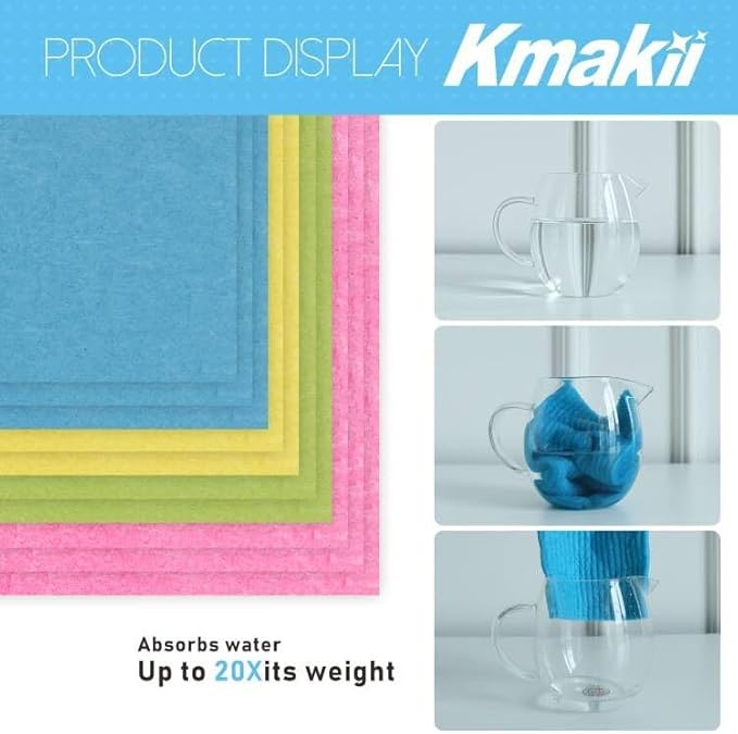 KMAKII Reusable Swedish Dishcloths - Absorbent, Long-Lasting Sponge Cloths for Kitchen and Home Cleaning (Red, Blue, Green, Yellow), Pack of 10