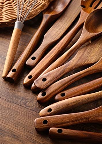 Wooden Kitchen Utensils Set, 11 Pcs Teak Wood Cooking Utensils Spoons Spatulas Spurtles Kit Non-stick Natural Kitchen Tools for Cooking - Image 5