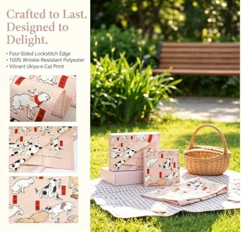 Furoshiki Japanese Wrapping Cloth, Large Size 27.6x27.6 Inch, Reusable Gift Wrap, Eco-Friendly Fabric for Bento Bag, Wine Bottle, Table Decor Washable & Wrinkle Resistant (CATS by Kuniyoshi caricature artist, 27.6"x27.6") - Image 6