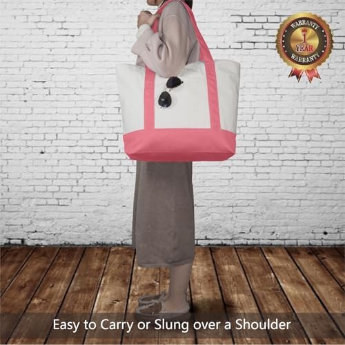TOPDesign 6-Pack Canvas Tote Bags with an External Pocket, Reusable Grocery Shopping Bags, Top Zipper Closure, Daily Essentials (Rose Pink/Natural) - Image 2