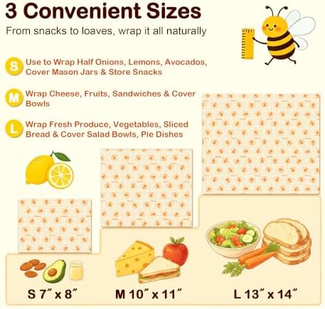 3 Pack Beeswax Wraps for Food - Small Medium Large Bees Wax Wraps Reusable Organic Beeswax Paper Food Wraps, Plastic Free Food Storage Wrap for Bread, Sandwich, Bowl Covers, Eco Friendly, Zero Waste - Image 3