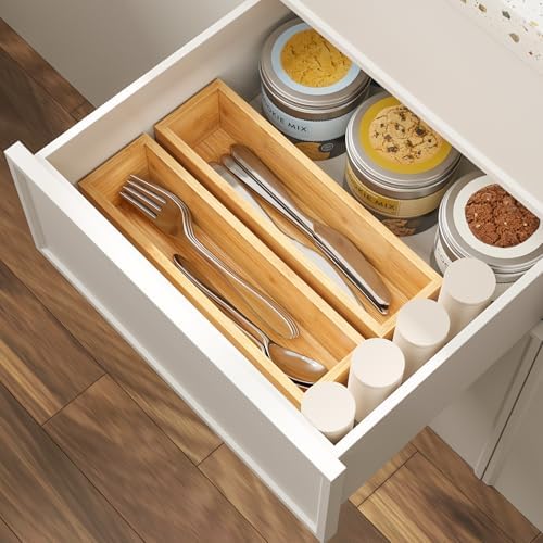 BAMEOS Kitchen Drawer Organizer,Small Silverware Drawer Organizer,Bamboo Utensil Organizer for Bathroom, Dressing Room, Office, Pantry (Natural, 11"x 3") Set of 2 - Image 2