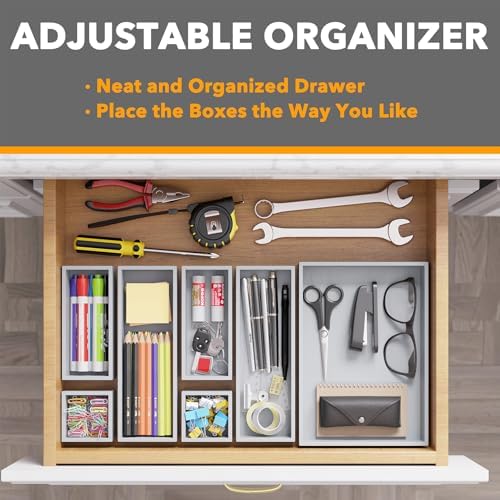 SpaceAid 7-Piece Bamboo Drawer Organizer Storage Boxes Set, Wood Tray Junk Drawer Organizers Multi-Use Divider Bins for Kitchen, Bathroom, Office Desk and Makeup Organization (7 Pack, Gray) - Image 5