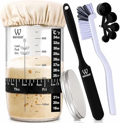 Upgraded Sourdough Starter Jar Kit –24 oz Glass Jar with Date Marked Feeding Band, Thermometer, Scraper, Cleaning Brush & Measuring Cups, Complete Bread Baking Supplies by WWAFADARLLC