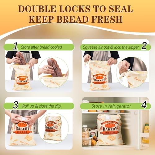 2 Packs Reusable Bread Bags for Homemade Bread, NFETLLD Homemade Sourdough Bags Storage Container Keep Loaf Fresh with Zipper & Clip Freezer Safe Extra Large 17x12 Inch - Image 5