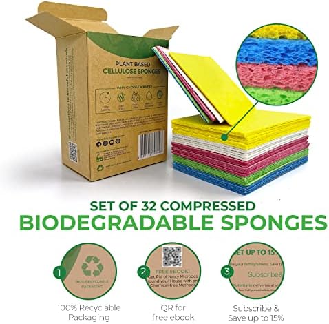 AIRNEX Compressed Cellulose Sponges - 32 Pack Natural Pop Up Dish Sponge for Kitchen - Compostable Plant-Based Cleaning Sponges Bulk – Non Scratch Natural Sponge for Dishes & Household Cleaning - Image 2