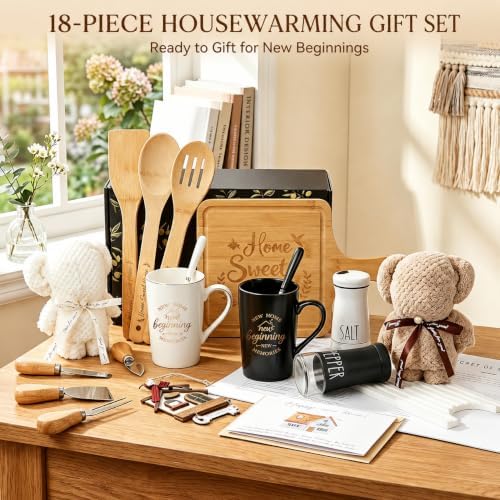 Housewarming Gifts for New Home, 18-Piece Gift Basket for Couples and Homeowners with Coffee Mugs, Bamboo Serving Board, Salt and Pepper Shakers, Towels, Utensils, Cheese Knives and Ornament - Image 2