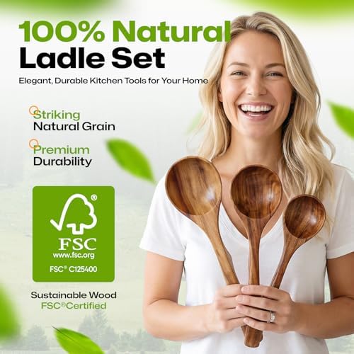 AIUHI Wooden Ladle Spoon Set, 3Size Teak Wood Ladle Spoon, Wooden Soup Spoon for Cooking, Non-Stick, Comfortable Grip for Cooking and Serving - Image 2