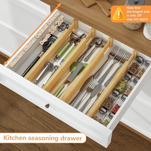 BAMEOS Bamboo Expandable Drawer Dividers – Fits 13.3"–19" Drawers, 2" High, Set of 4 | Spring-Loaded Bamboo Separator for Kitchen Island, Bathroom Vanity & Dresser Drawers - Image 4