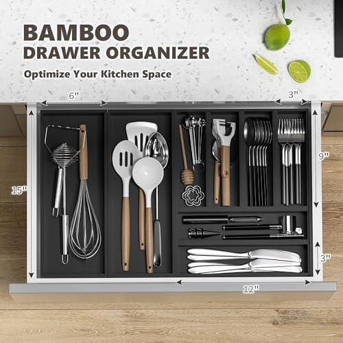 Bamboo Kitchen Drawer Organizer, 2-Pack, 12" x 3" x 2.5"，Black - Image 3