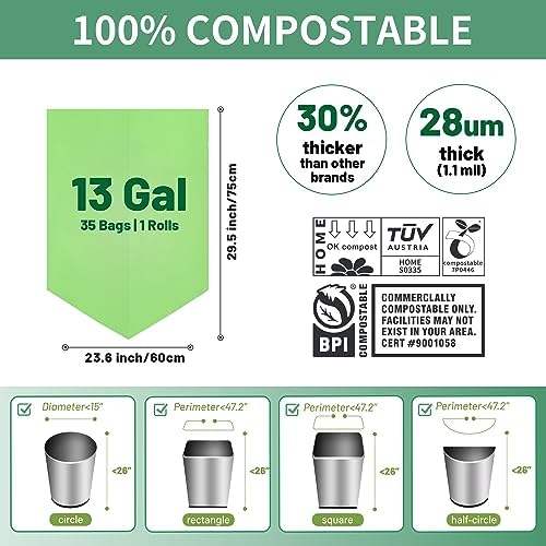 13 Gallon Trash Bags Compostable Compost Large Garbage Bag Extra Thick 1.1 Mil for Kitchen Bathroom BPI Certified 35 Counts, Green - Image 4