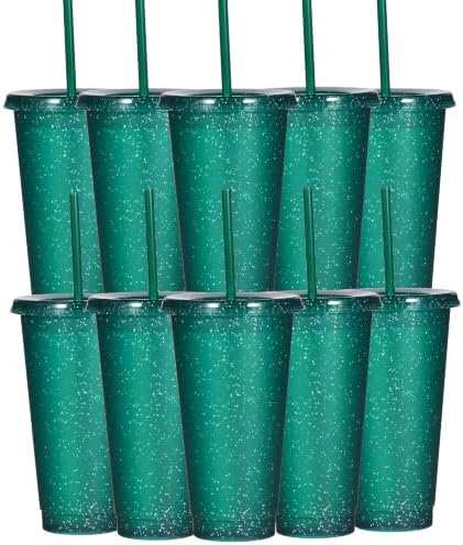 Suertestarry Tumbler with Straw and Lid,Water Bottle Iced Coffee Travel Mug Cup,Reusable Plastic Cups,Perfect for Parties,Birthdays,24oz-5 Pack (Dark Green, 10 pack) by Suertestarry