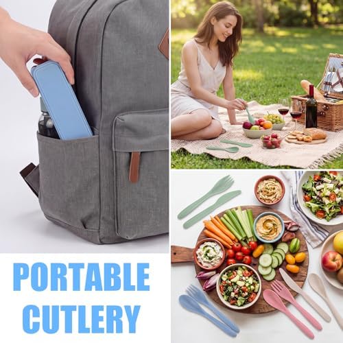 Reusable Utensils Set with Case, 28 Sets Wheat Straw Lunch Utensil Set, Portable Spoon Fork Knife Cutlery for Travel Camping Picnic Office Bento Box, Eco-Friendly BPA Free Tableware - Image 3