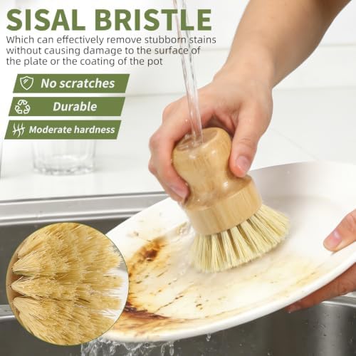 6 Pack Bamboo Dish Brush Set, Natural Dish Brush with Long Handle Bottle Brush, Wooden Dish Brush Set for Cleaning Dishes, Bottles, Pans and Vegetables - Image 4