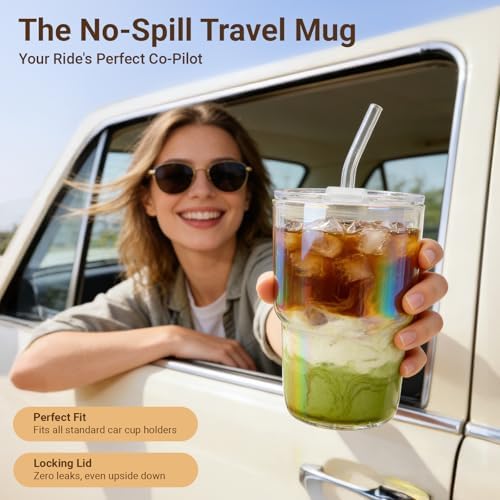 Luxfuel 16 oz Glass Cups with Lids and Straws Reusable Iced Coffee Tumbler - Image 5