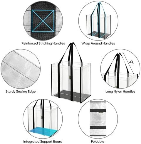 BALEINE 4 PK Grocery Bags Reusable Shopping Bags with Reinforced Bottom, Heavy Duty Foldable Tote Bags (Transparent) - Image 3
