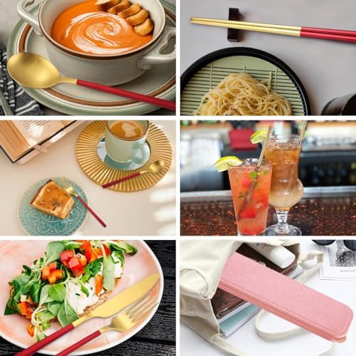 AARainbow 8 Pieces Stainless Steel Flatware Set Portable Reusable Cutlery Set Travel Utensils Set Including Chopsticks Knife Fork Spoon Straws Cleaning Brush Dishwasher Safe (B-Red Golden) - Image 3