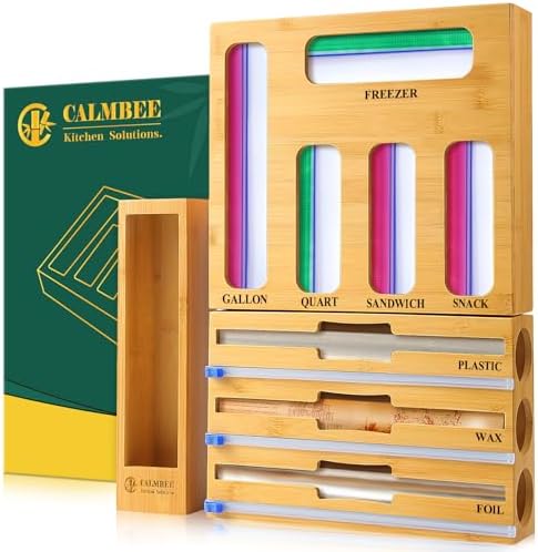 Calmbee 9 in 1 Bamboo Storage Bag Organizer for Kitchen Drawer – Plastic Wrap Dispenser with Cutter & Foil Organizer, Wooden Baggie Organizer for Sandwich, Snack, Gallon, Quart Sizes, Natural by Calmbee