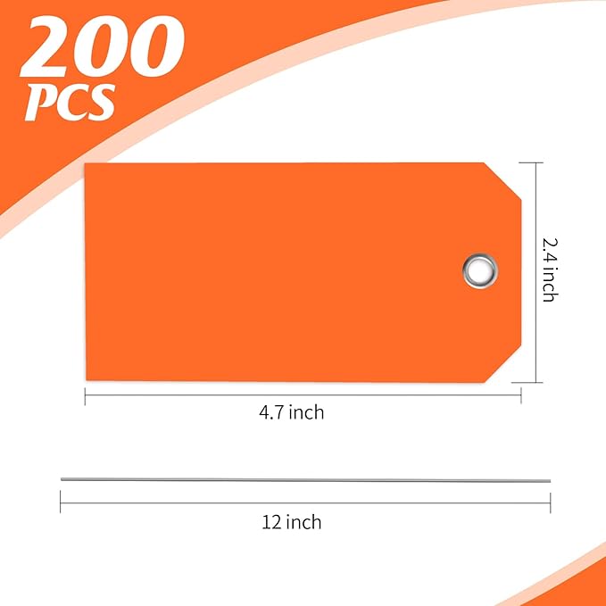 200 PCS 4 3/4" x 2 3/8" Neon Color Shipping Tags with Wire Paper Heavy Duty Hang Tags with Reinforcement Holes Writable Luggage Tag with String Durable Marking Tags (Neon Orange, 4 3/4" x 2 3/8")