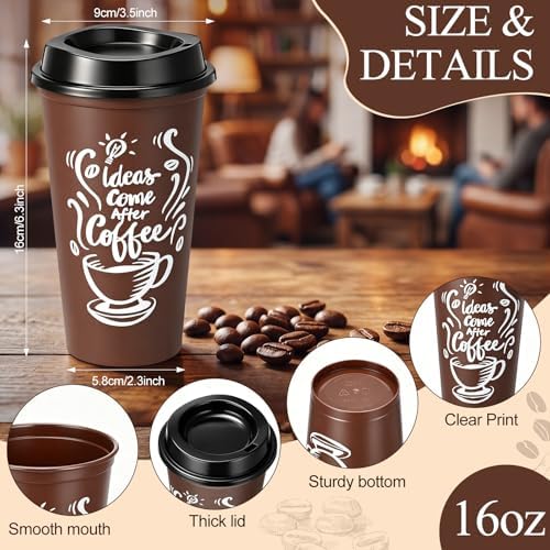Honeydak 45 Pack 16 oz Reusable Coffee Cups with Lids Water Bottle Iced Coffee Travel Mug Portable Plastic Tea Tumblers Bulk for Hot and Cold Drinks Birthdays Party (Brown,Printing Style) - Image 2