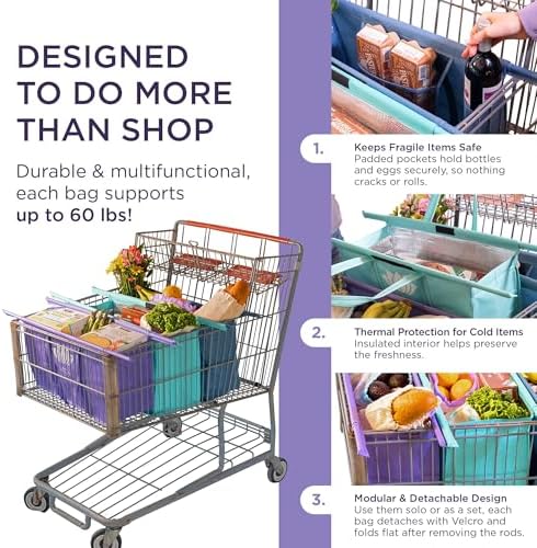 Lotus Club Cart Trolley Reusable Shopping Bags (3-Pack)– Detachable & Reusable Grocery Bags Foldable w/ Insulated Grocery Bag & Egg/Wine Holder– Washable Shopping Totes for Easy Storage & to Save Time - Image 4
