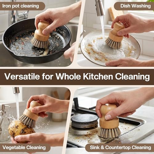 5 Pcs Bamboo Wood Dish Brush Set Handheld Bamboo Wok Brush Scrubber for Dishes Pans Pots Fruit and Veggie Washing(Style D) - Image 5