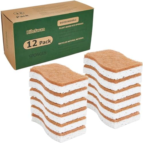 Natural Kitchen Sponges, 12 Pack Non-Scratch Scrubber, Biodegradable Compostable Sisal Cellulose Dish Scrub Sponges, Household Cleaning Sponges for Dishes by HileSwan