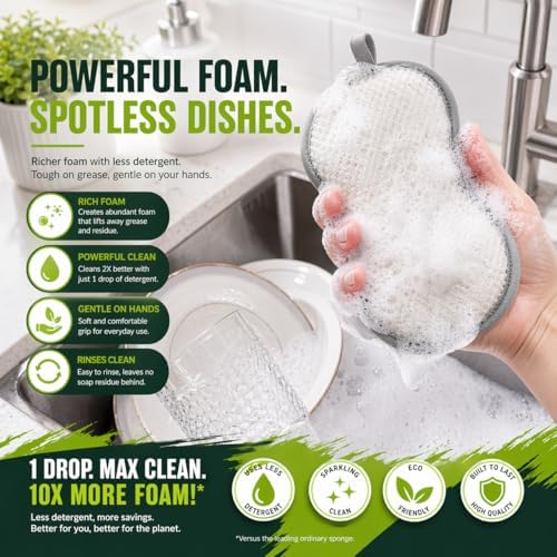 R&C Scrub Max Sponges Kitchen Dish Dual-Sided Sponge for Washing Dishes Cleaning Kitchen, All-Purpose (6 Pack,Large) Non Scratch, Rough Scrubbers Side for Non-Stick Cookware, Soft Microfiber Scrub - Image 5