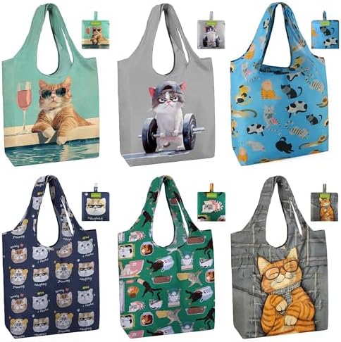 BeeGreen Cat Reusable Shopping Bags Cute Grocery Bag 6 Pack, Christmas Gift Bags Heavy-Duty Foldable Shopping Totes for Supermarket, Work & Travel, Large Washable Polyester Tote Bag with Handles by BeeGreen
