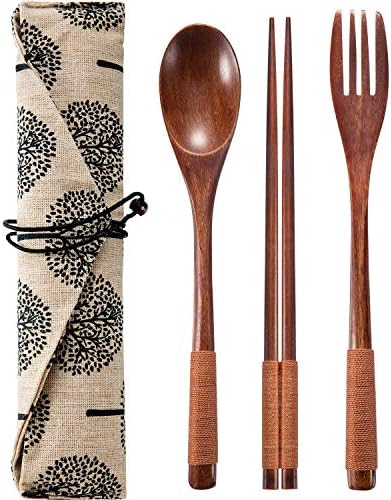 Tatuo 2 Sets Wooden Utensil Set, Portable Spoon Fork Chopsticks with Pouch - Image 5
