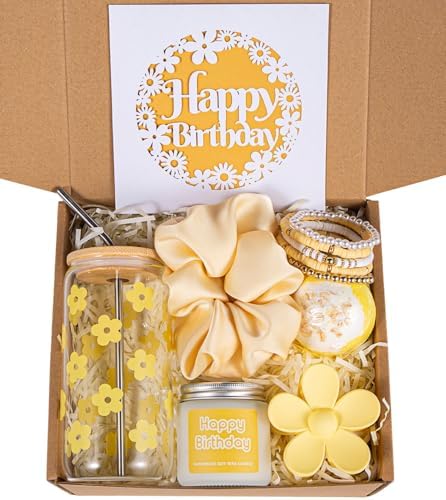 JTEWB Birthday Gifts For Women, Teen Girl, Her, Happy Birthday Gift Box For Girl, Women, Sister, Daughter, Friends, Cute Daisy Aesthetic Glass Cups Gift Set 7pcs (Yellow) by Unknown
