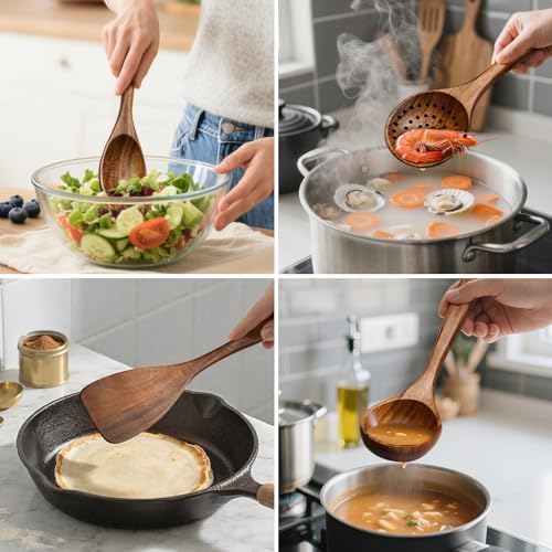 8 Pcs Teak Wooden Utensil Set, Wooden Spoons & Spatula for Cooking - Image 4